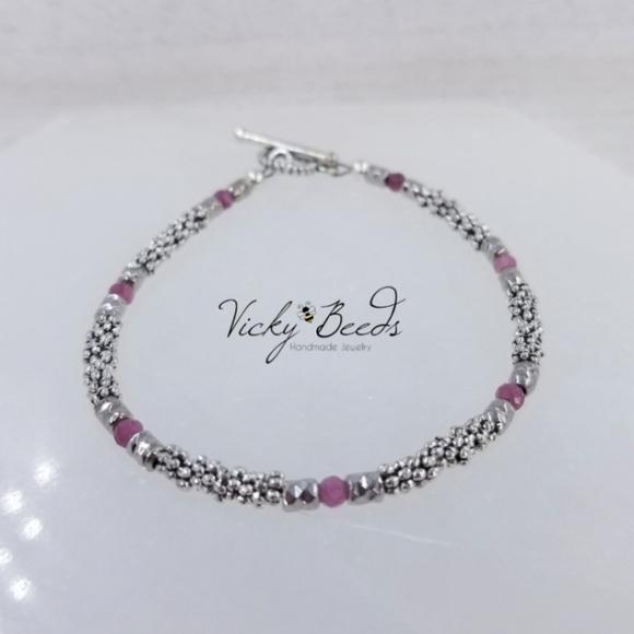 Pink Tourmaline & Silver Beaded Toggle Bracelet - Picture 8 of 9